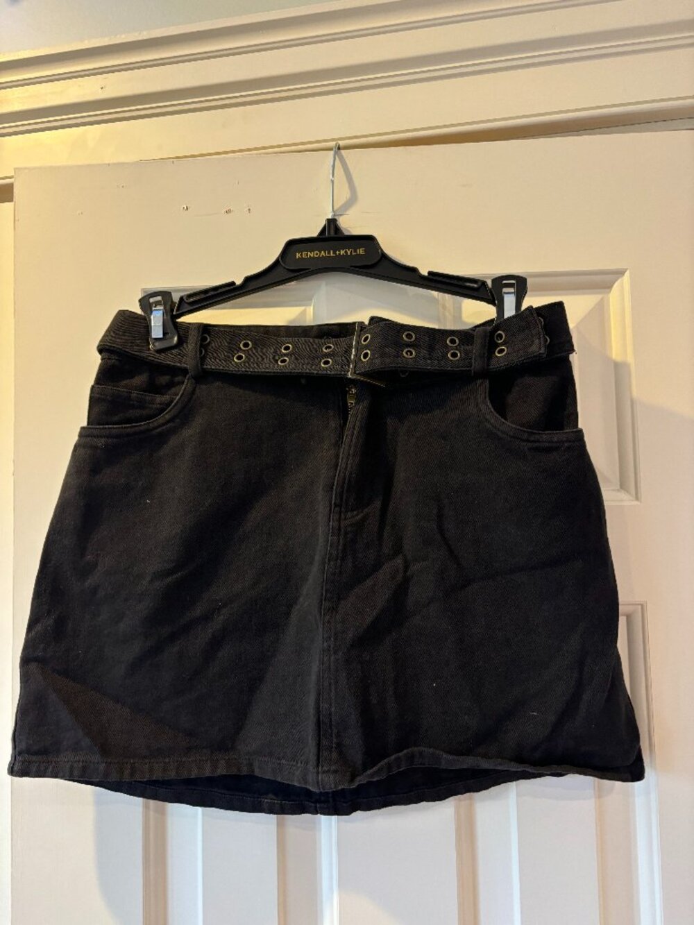 Black Denim Belted Mini Skirt